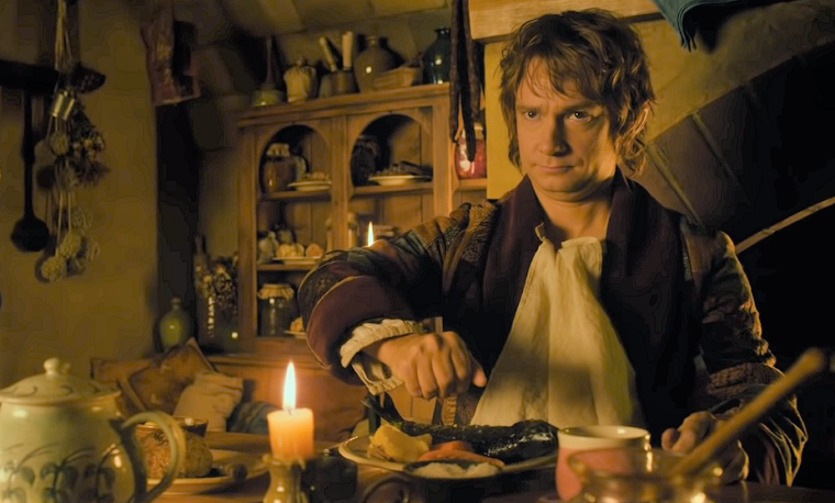 BilboBagginseatinghisdinnermealatBagEndinTheHobbitmovie News Home hobbit meal times